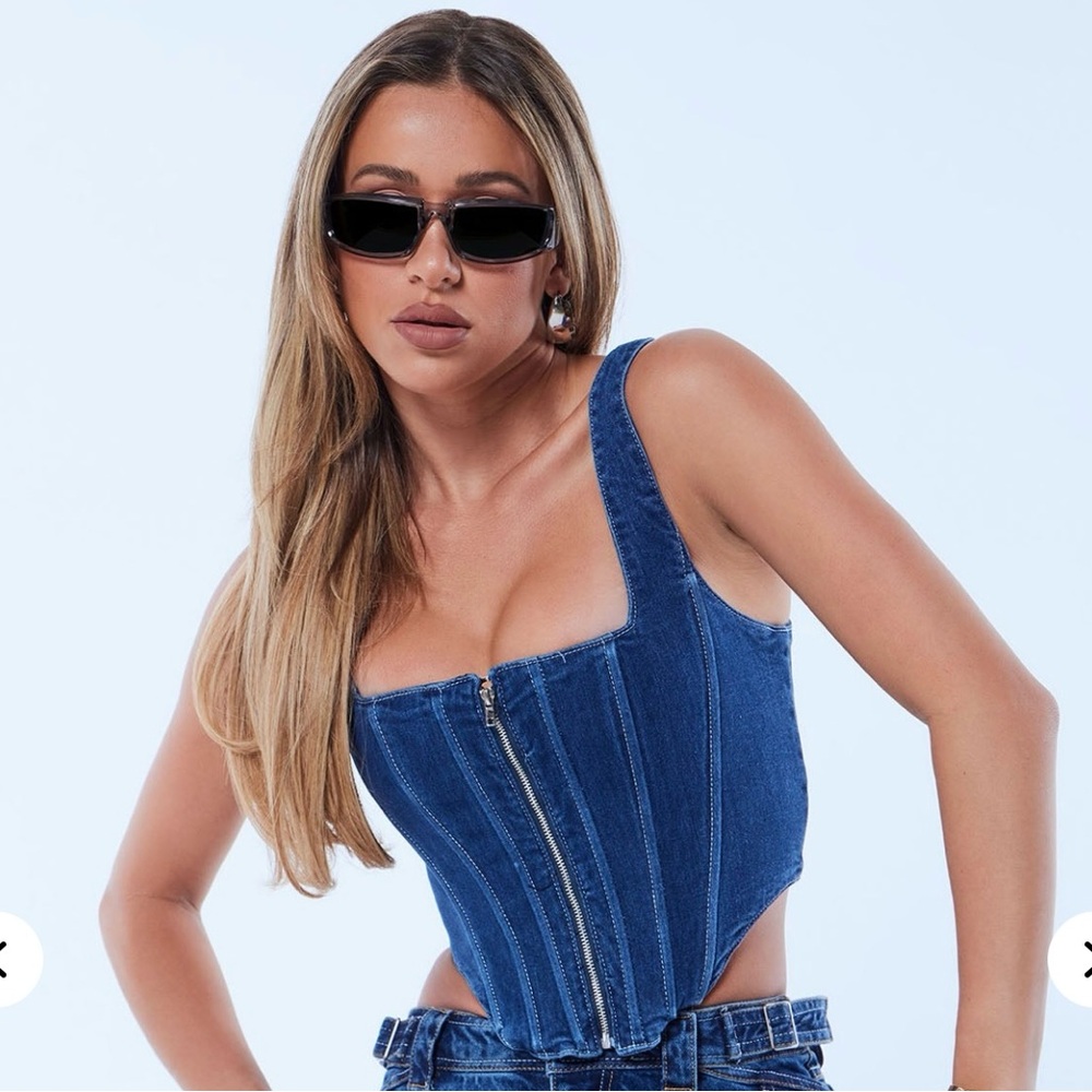 Fashion Nova Blue Denim Zip-Up Crop Top